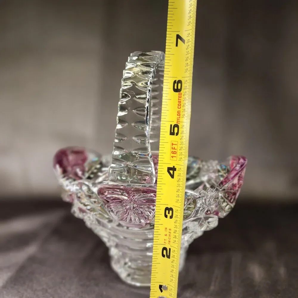 Vtg Anna Hutte Bleikristall Crystal basket Pink flowers  7